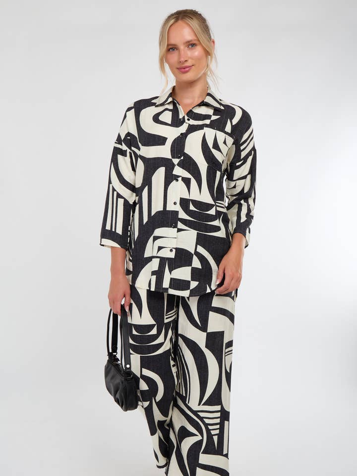 Black and Cream Abstract Geo Print Co-Ord Set for wholesale by Love Sunshine Wholesale