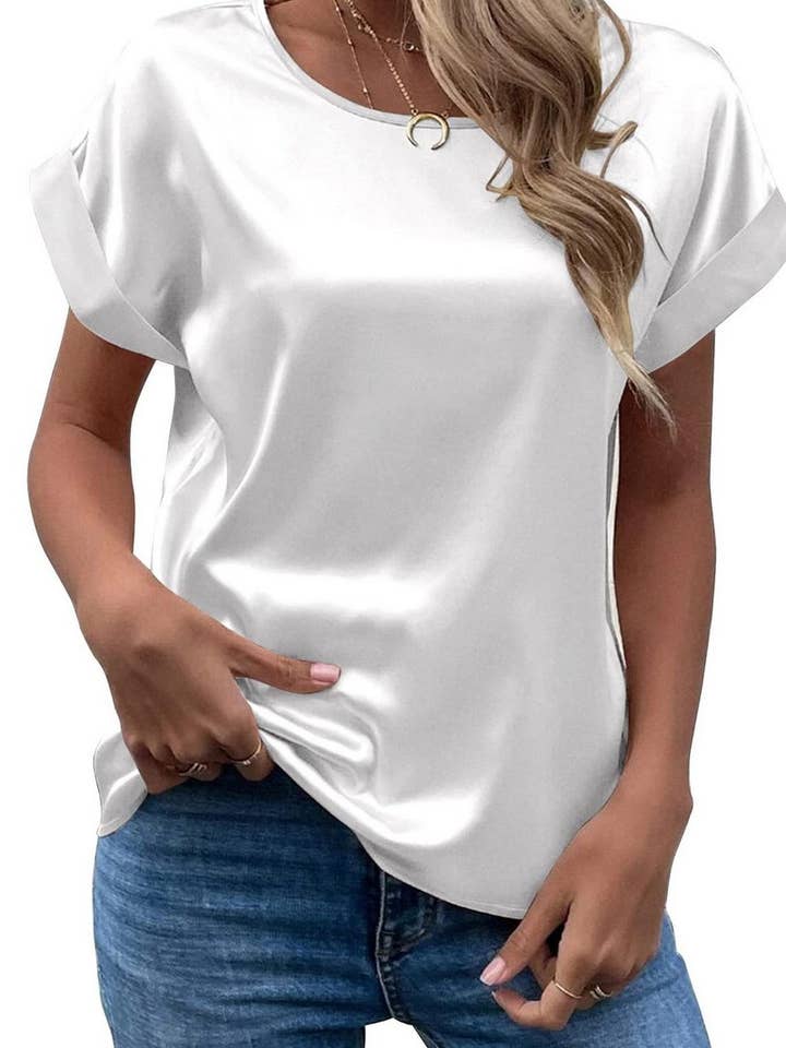 NINEXIS - Wholesale Blouse - Women's - CWTBLS1775_SATIN ROUND NECK LOOSE SHORT-SLEEVED TOP1