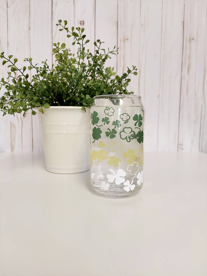 Shamrock Iced Coffee Glass, Beer Can Glass, St Patrick' Day for wholesale by AliceJoyCreations