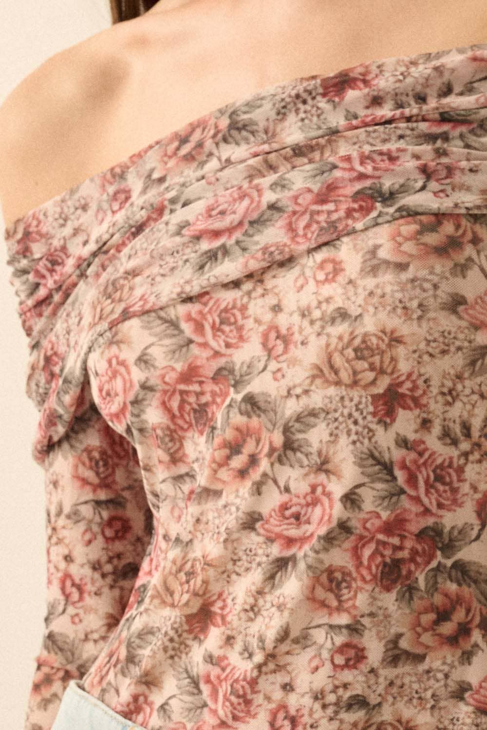 Promesa USA - Wholesale Bodysuit - Women's - Floral Mesh Long-Sleeve Off-Shoulder Bodysuit1