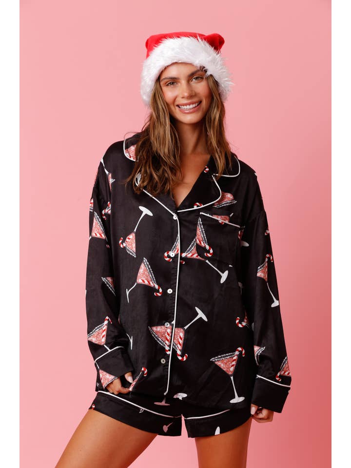 Peach Love California - Wholesale Shirt - Women's - Christmas Martini Pattern Satin Pj Top
