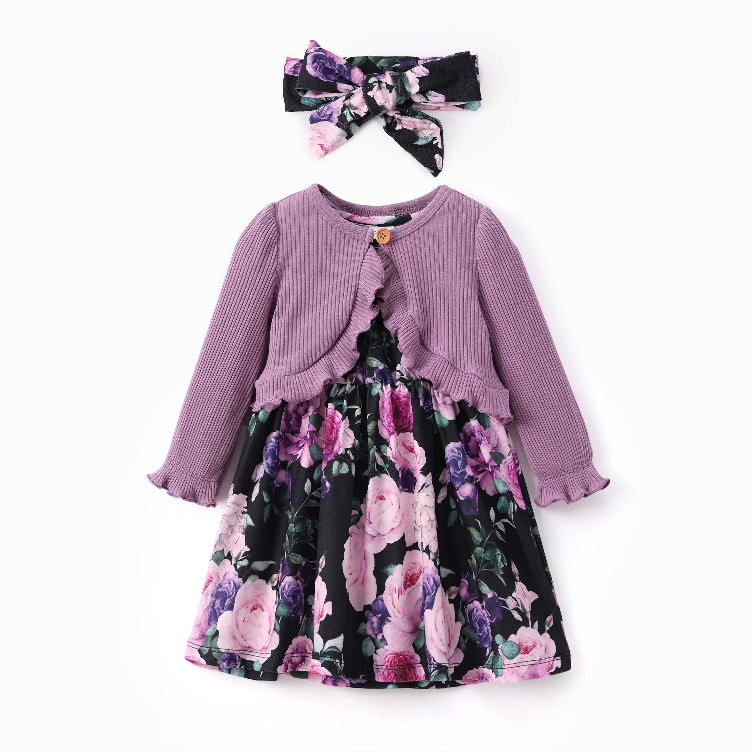 PatPat - Wholesale Jurk - Kinderen - 93% Katoenen Baby Meisjes Bloemenjurk met Vest & Haarband2