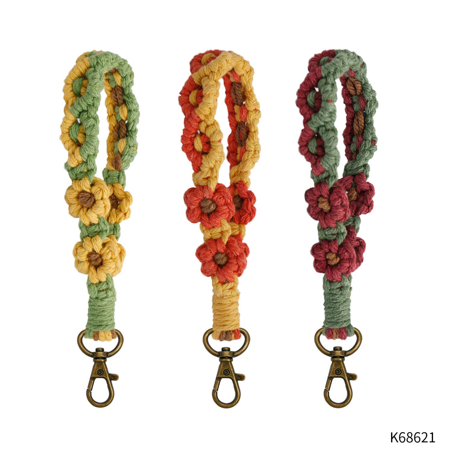 Assorted Fall Harvest Macrame Daisy Flower Wristlet Keychain for wholesale on Faire