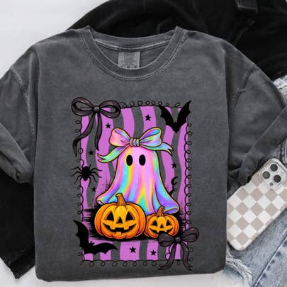 Faux Iridescent Ghost with Pumpkin Sweatshirts & T-Shirts for wholesale by Trendy Chic Apparel LLC