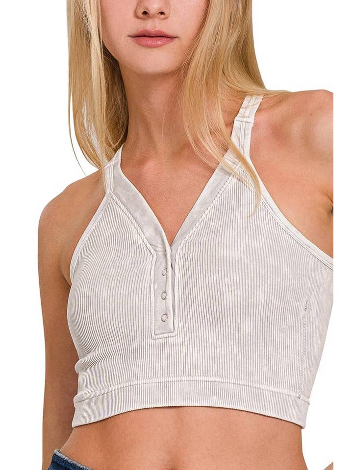 Vanilla Monkey - Wholesale Tank Top - Women's - Washed Ribbed Cropped Button V-neck Tank Top