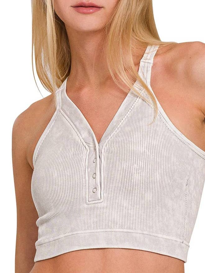 Washed Ribbed Cropped Button V-neck Tank Top for wholesale by Vanilla Monkey