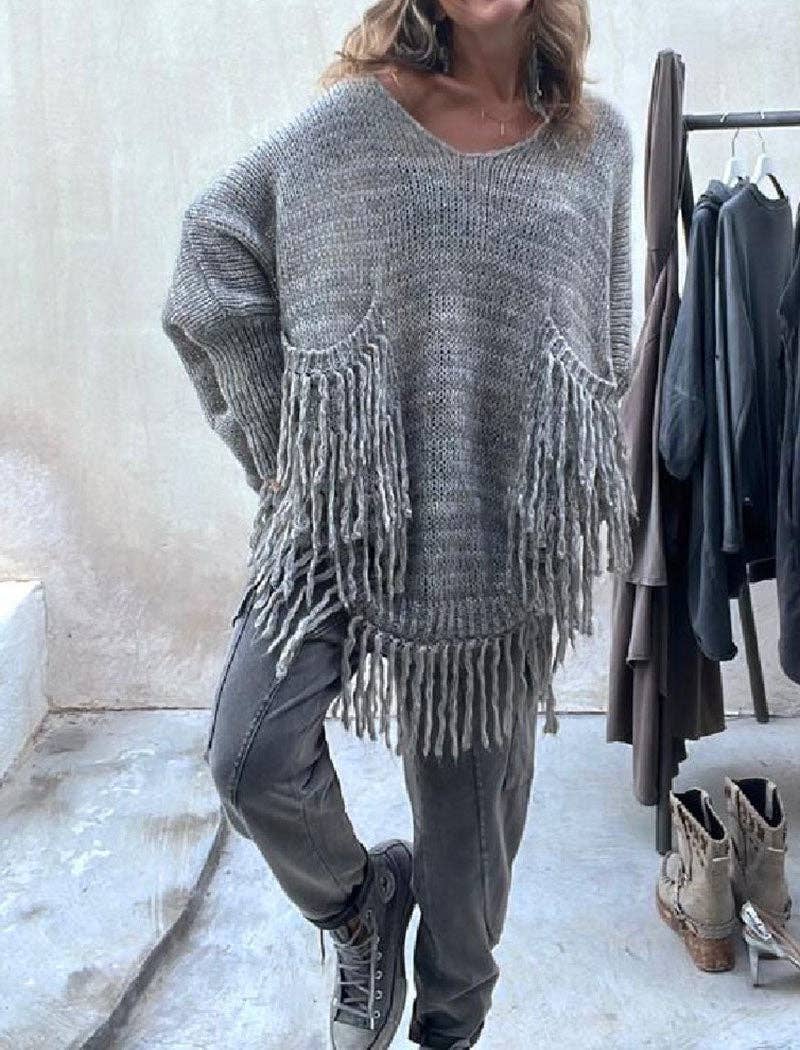safistyle - Wholesale Tunic Sweater - Women's - Fringe Detail Oversized Sweater0