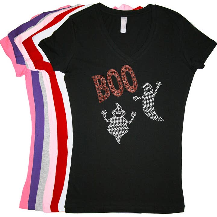 Orange Glitter Boo with Rhinestone Ghost - Women's T-shirt for wholesale by Dog in the Closet
