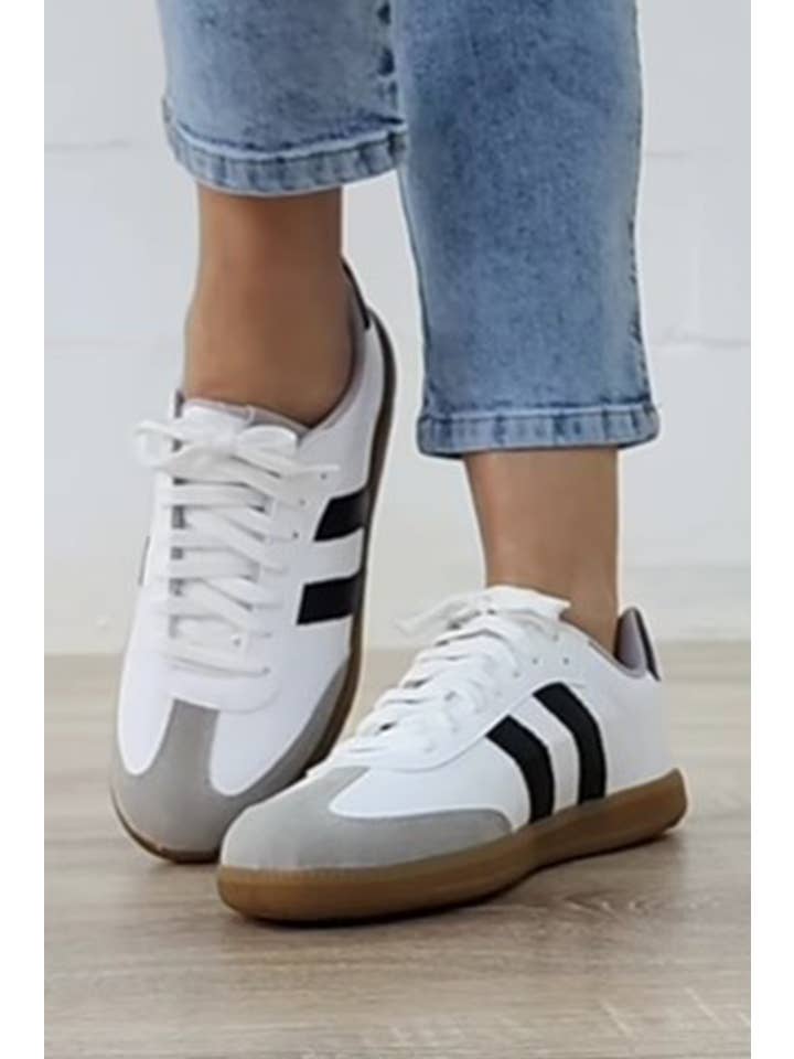 White LDC Striped Lace-up Flat Sneakers for wholesale on Faire
