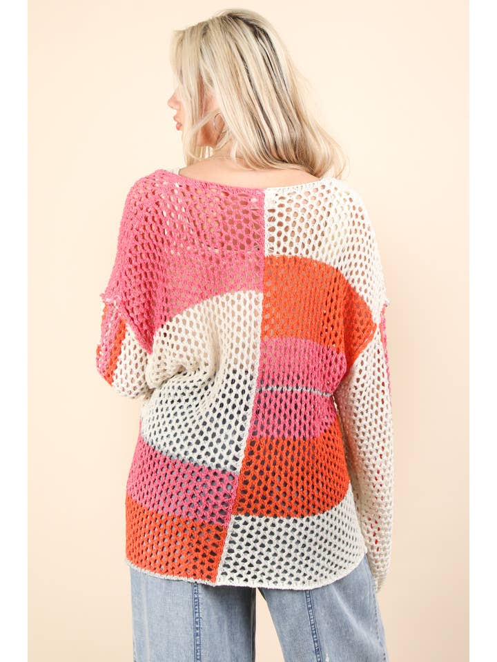 VERY J - Wholesale Knit Sweater - Women's - 12W3361N-Color Block Oversized Summer Knit Sweater Top