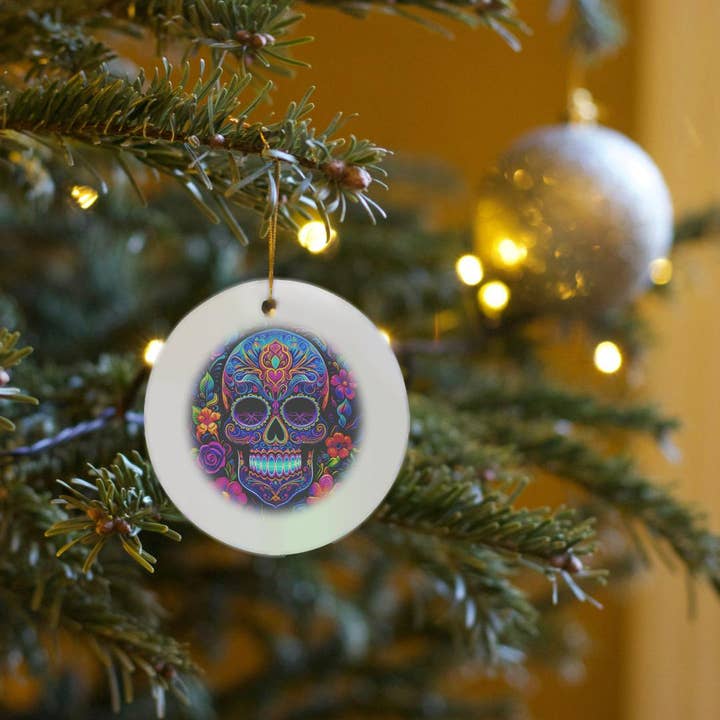 3dRose – wholesale Ornament – 3dRose, A vibrant, neon-colored sugar skull with flowers in blacklight style., Ornament6