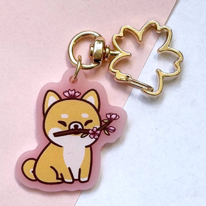Cherry Blossom Shiba Charm - Frosted Pink with Sakura Clasp for wholesale by Chibird
