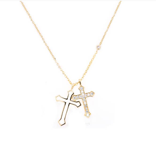 Double Cross With Floating CZ Stone Necklace for wholesale by Aurora Jewels