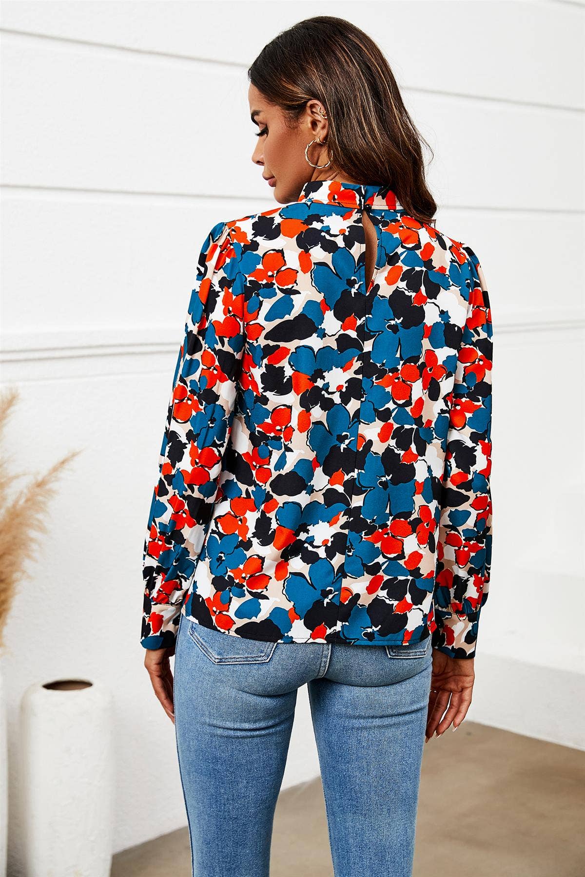 Floral Print Long Sleeve High Neck Top In Blue for wholesale on Faire2