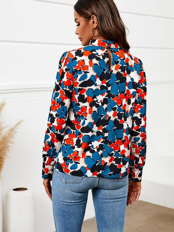 Floral Print Long Sleeve High Neck Top In Blue for wholesale on Faire2