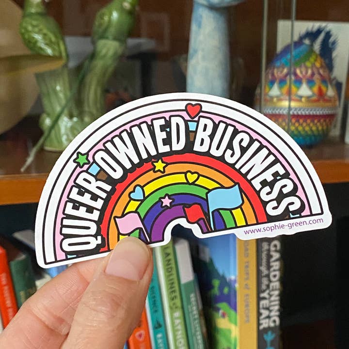 Queer Owned Business BIG vinyl sticker for wholesale by Sophie Green Artist