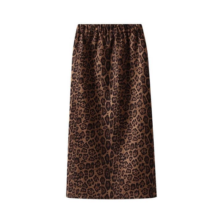 Leopard Print Half Skirt With Elastic Waist In Suede Texture for wholesale by UZ Wholesale Store