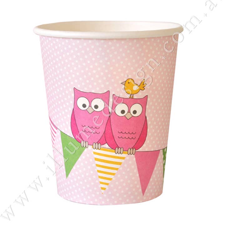 Tazza rosa con gufo, confezione da 12 per la vendita all'ingrosso da parte di Illume Partyware