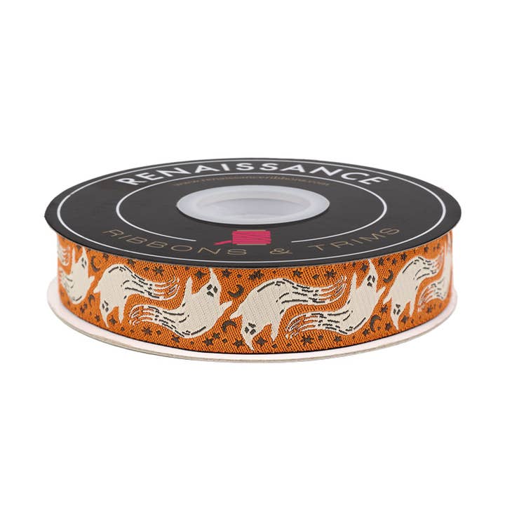 Home Sweet Haunt - Boo in Pumpkin - 7/8" width - by Stacy Iest Hsu - 15 Yard Spool for wholesale by Renaissance Ribbons