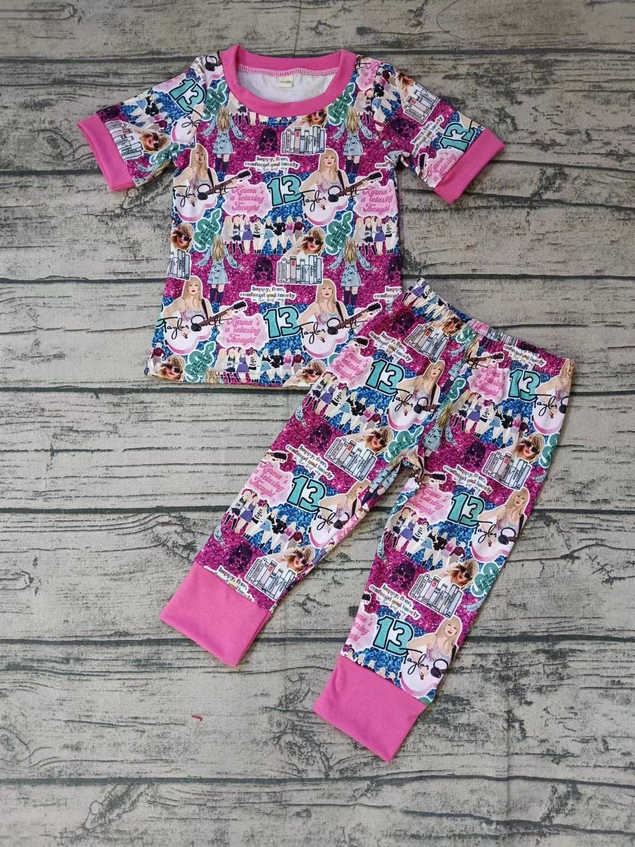 Aier Wholesale - Wholesale Sleepwear Set - Kids - Baby Girls Singer Pink Shirt Pants Pajamas Clothes Sets preo