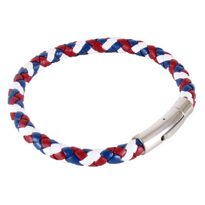 Red White & Blue Braided Leather Bracelet with Steel Clasp for wholesale by Dalaco - incorporating David Aster
