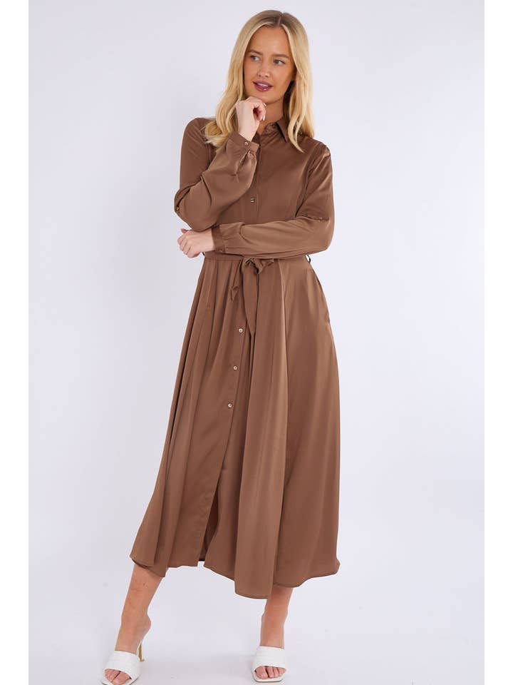 brown Mocha Layered Satin Long Sleeve Maxi Shirt Dress for wholesale on Faire0