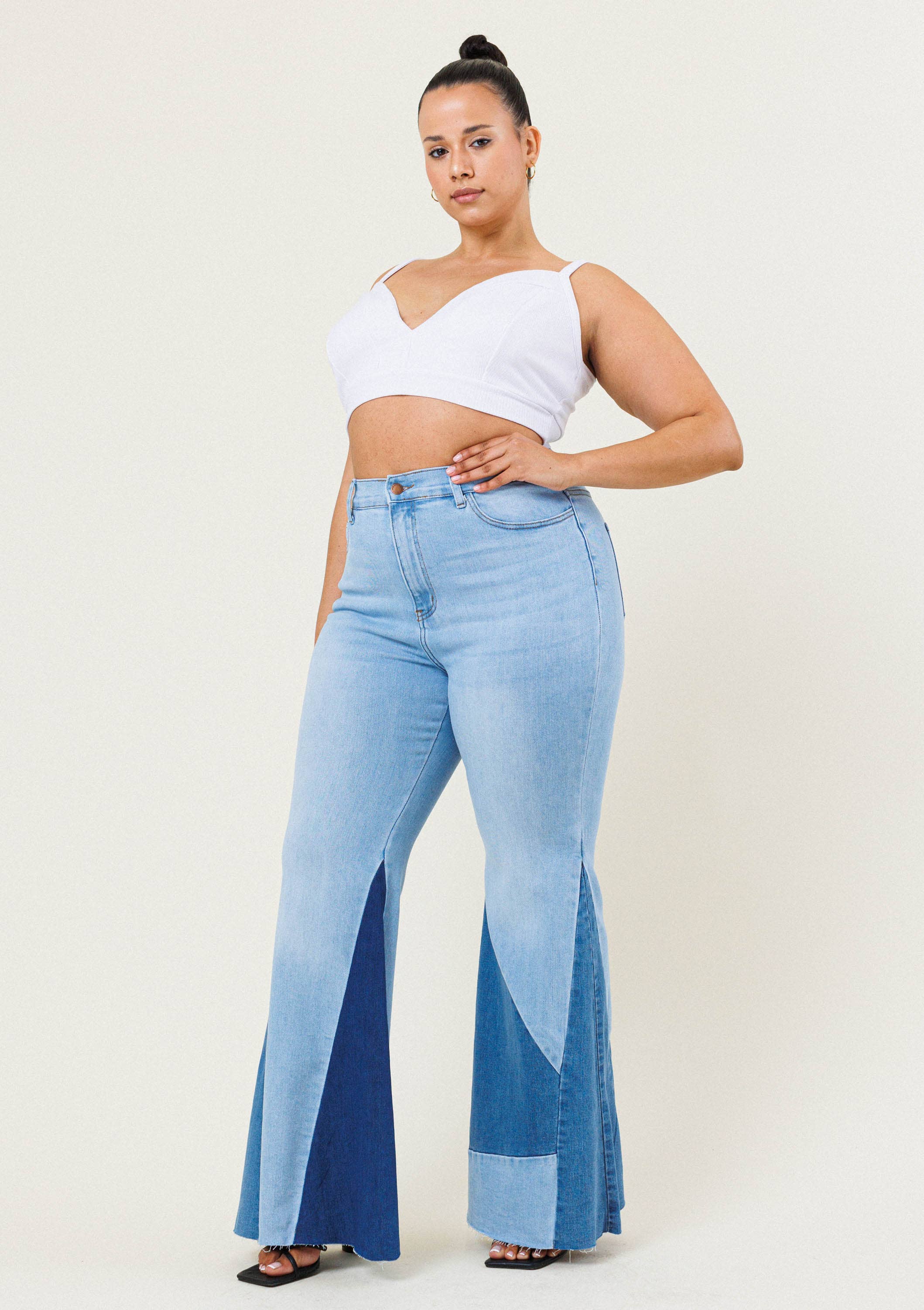 LIGHT STONE Color Block Side Slit Flare Jeans in Plus for wholesale on Faire1