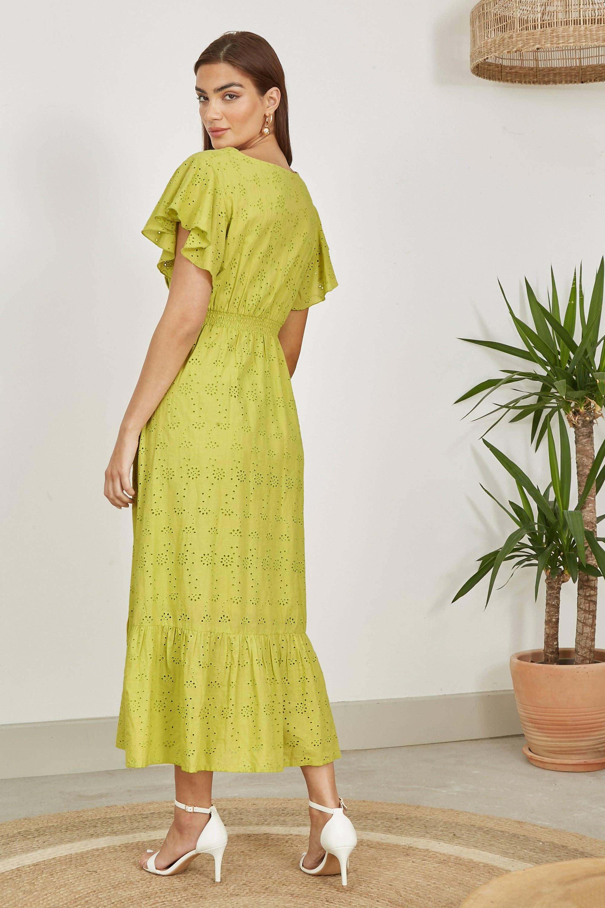 Yumi Lime Cotton Broderie Anglaise Wrap Midi Dress for wholesale on Faire2