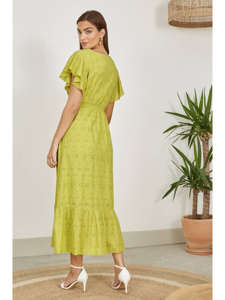 Yumi Lime Cotton Broderie Anglaise Wrap Midi Dress for wholesale on Faire2
