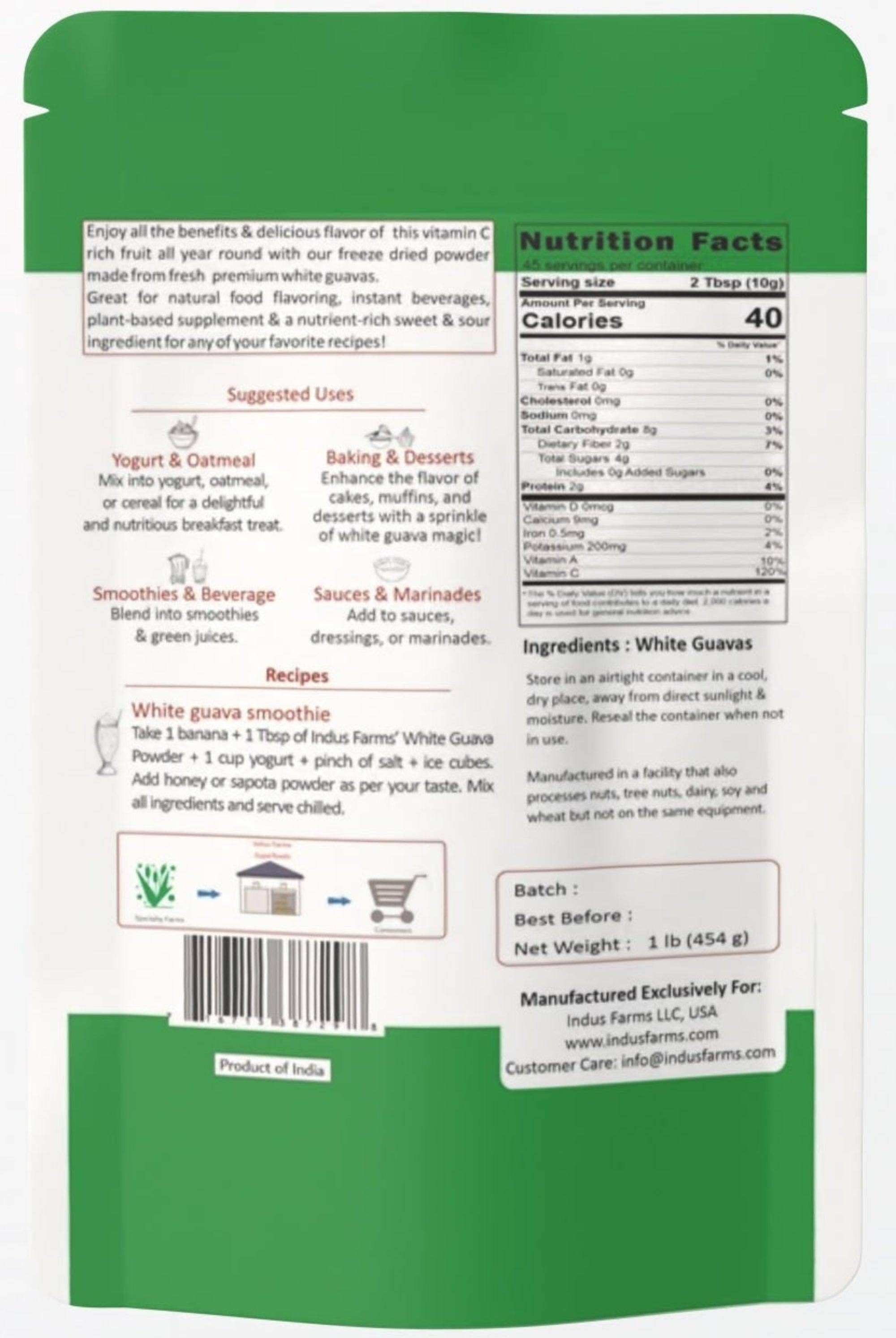 Indus Farms Superfoods – Engroshandel Protein-/superfoodpulver – 100% rent frysetørret hvidt guava frugtpulver, GMO-fri1