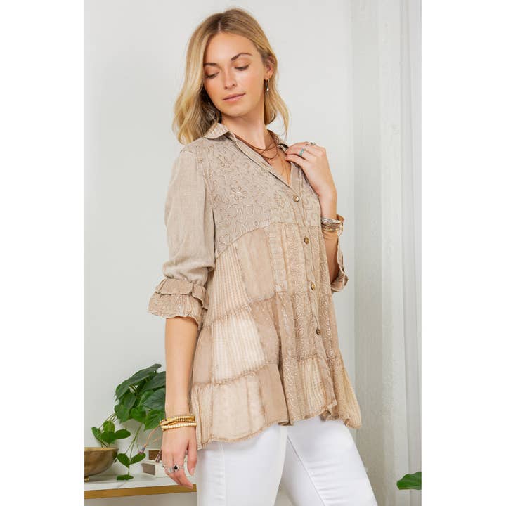 Young Threads - Wholesale Button Down Shirt - Women's - 60s Caravan Boho Button-Down Shirt Patchwork And Embroidery