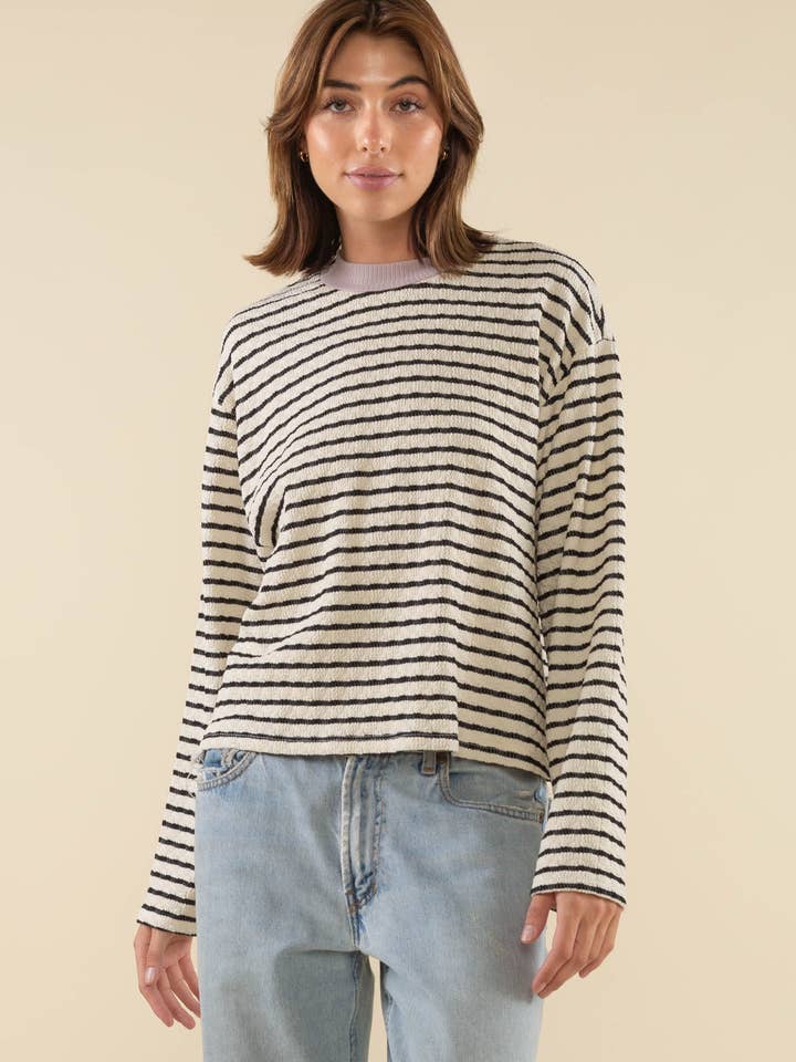 Ivoire/Noir/Lavande Chemise à rayures Bristol Contrast à col montant en vente sur Faire