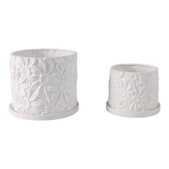 Sagebrook Home - Wholesale Plant Pot - White 6/8 in. Stoneware Daisy Flower Planters (Set of 2)