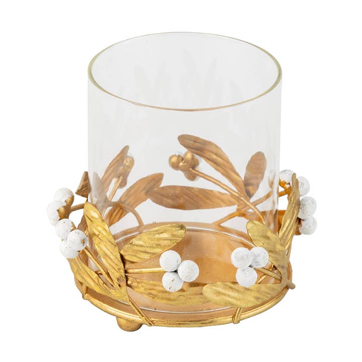 A58481: Ant gld mtl mstltoe pillar hldr,wht berry,gls in,4in for wholesale by Silver Tree Home & Holiday