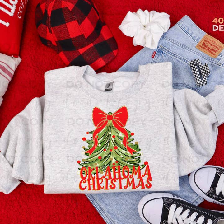 Oklahoma Christmas Tree Bow Crew Sweatshirt for wholesale by 403 Designs