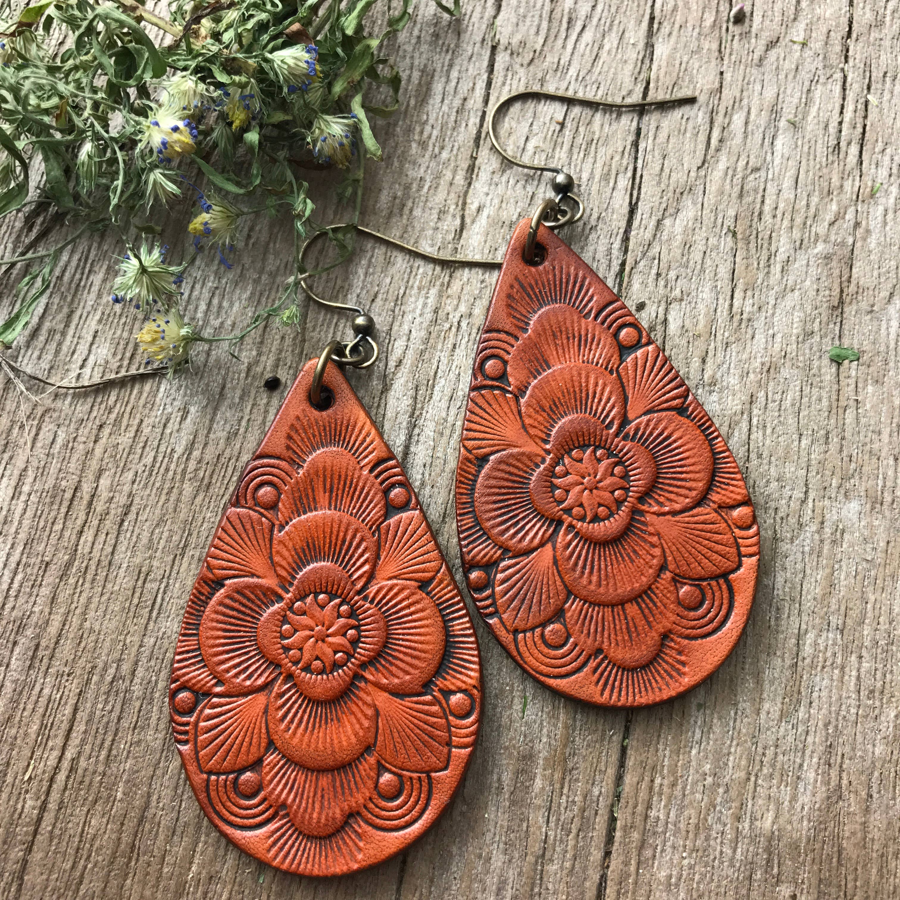 Red Pony Leather Goods - Wholesale Dangle Earrings - Boho Western Mandala Leather Teardrop Earrings6