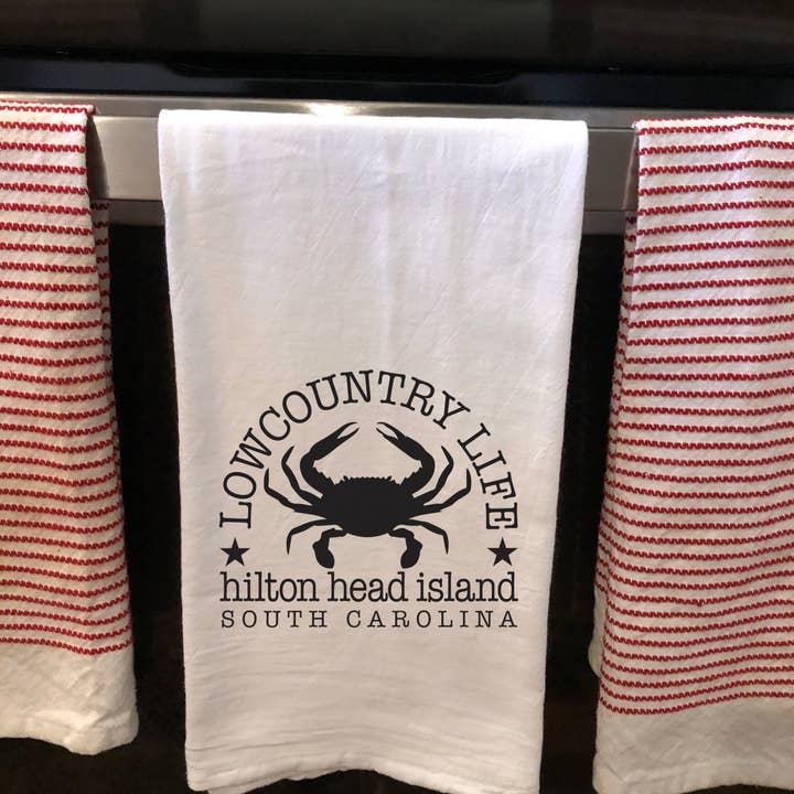 Lowcountry Life Crab Hilton Head Island Tea Towel for wholesale by Kim Bowen Llc