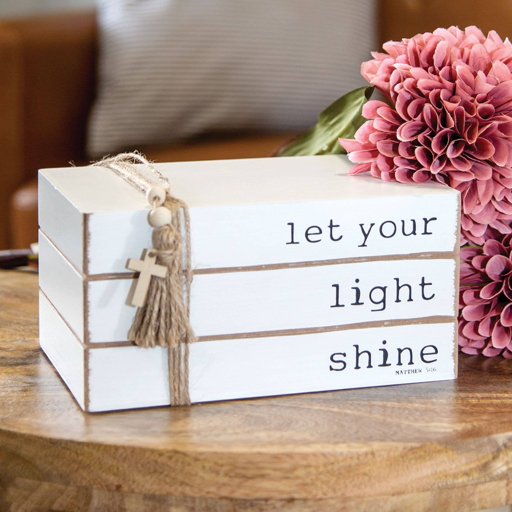 The Hearthside Collection – wholesale Decorative tabletop object – Let Your Light Shine  Wooden Book Stack1