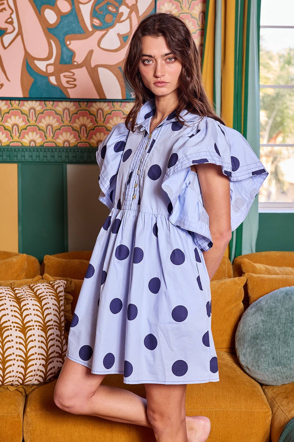 BUCKETLIST INC - Wholesale Dress - Women's - ID4283 Ruffle Sleeve Pintuck Detail Polka Dot Mini Dress25