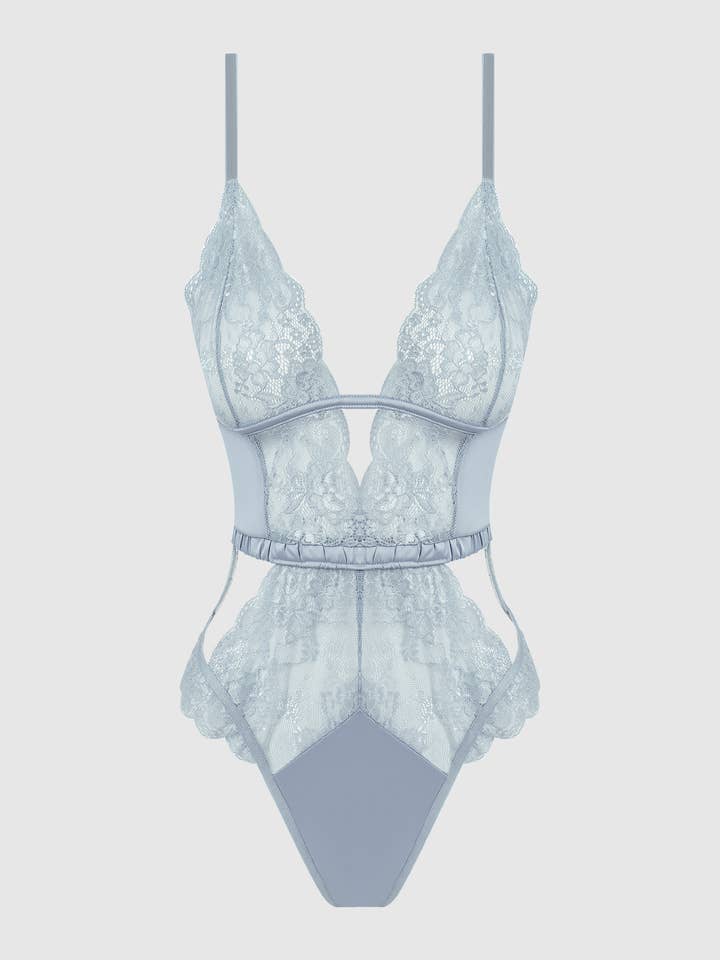 STONE BLUE SIENNA SATIN & LACE WIRELESS TEDDY for wholesale on Faire4