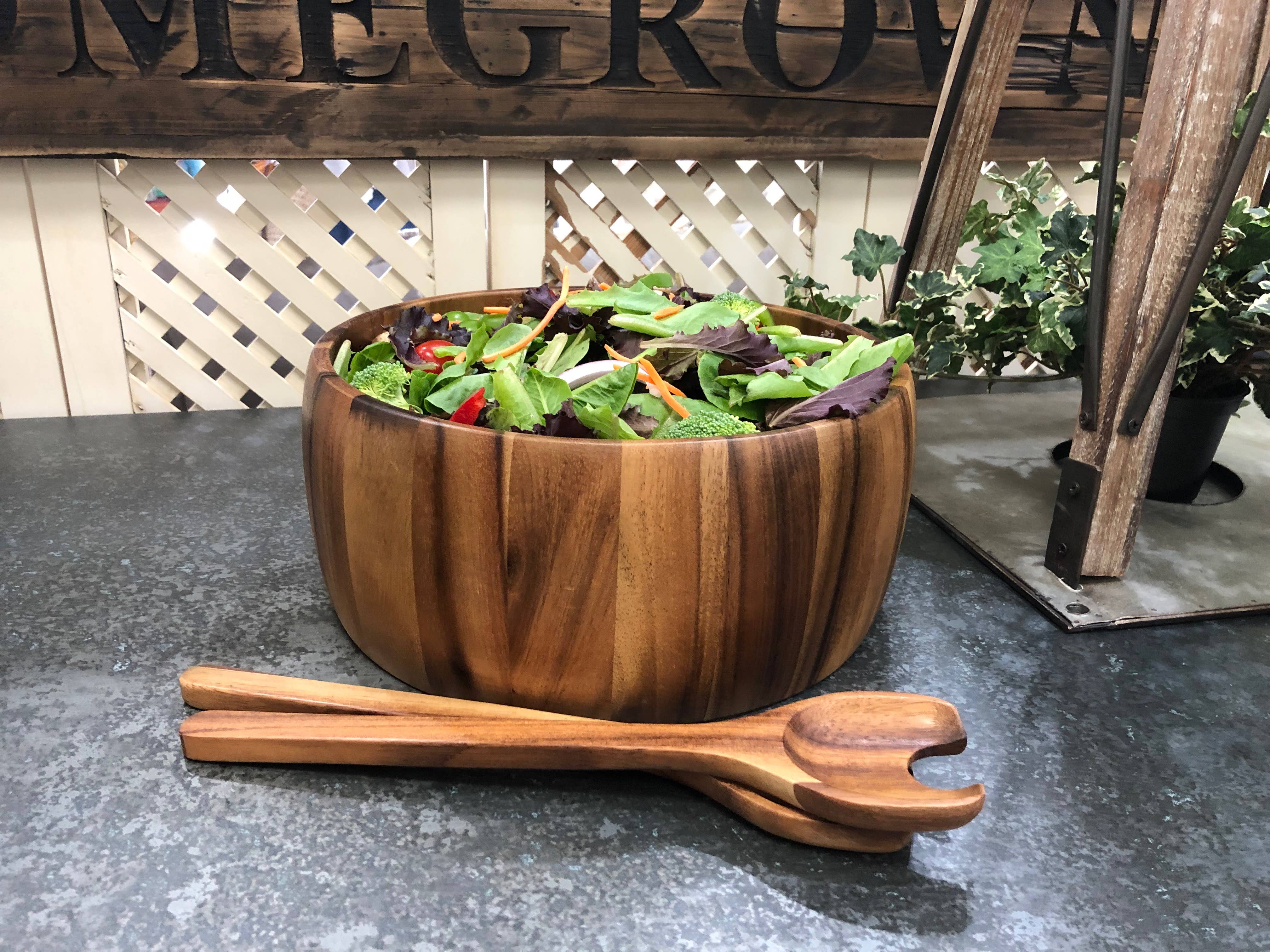 Kalmar Home - Wholesale Serve Bowl - Large Acacia Wood Serving/Salad Bowl with Utensils – 10" 1