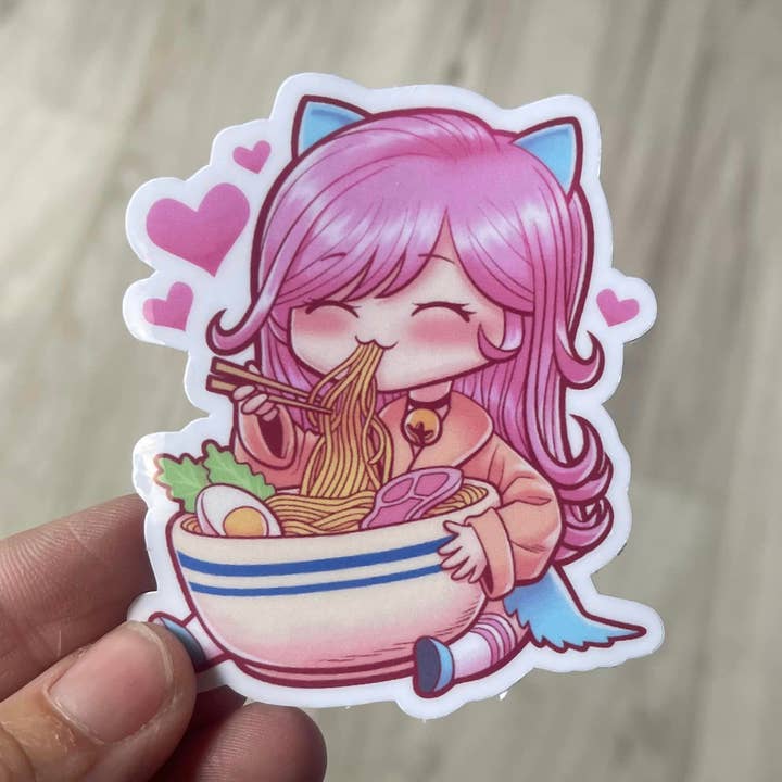 Anime Kawaii Cat Girl Eatting Ramen Die Cut Vinyl Sticker for wholesale by Prairie Chicken Sticker Shop & Gifts