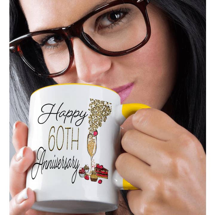 3dRose - Wholesale Coffee Mug - 3dRose, Happy 60th Anniversary Glass Of Champagne and Sweets, Mug1
