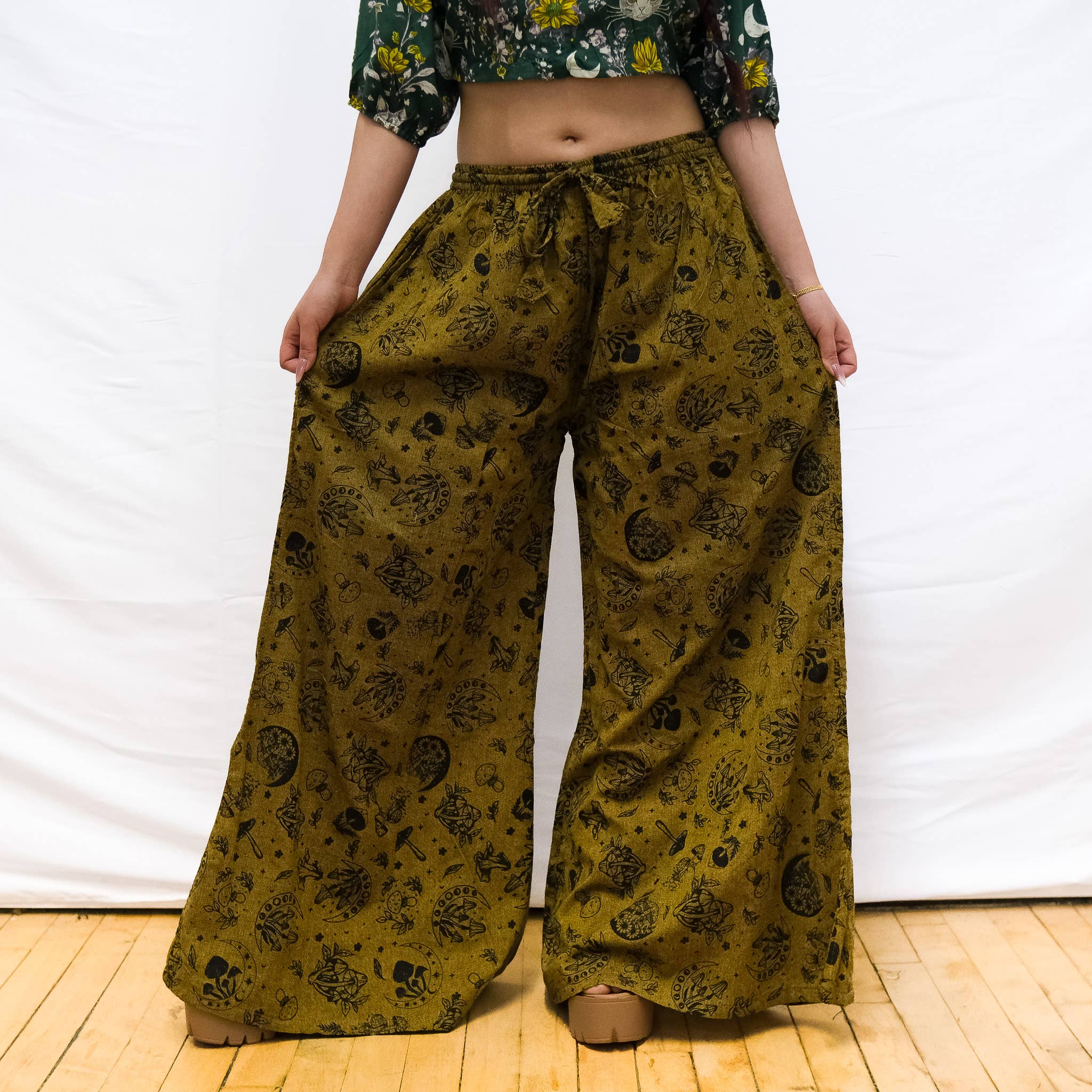 Karma Nepal Crafts - Wholesale Pants - Women's - Flowy Mushroom/Celestial Wide Leg Cotton Pants with Pockets0