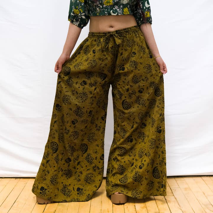 Karma Nepal Crafts - Wholesale Pants - Women's - Flowy Mushroom/Celestial Wide Leg Cotton Pants with Pockets