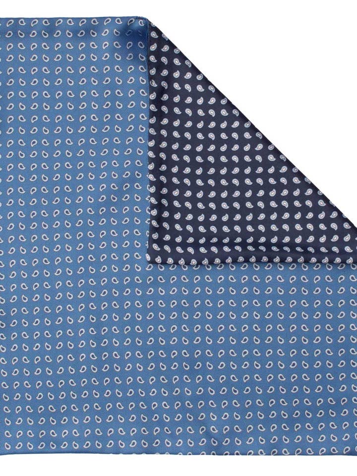 Doppelseitiges Einstecktuch aus Seide Avio Blau Multicolor Paisley POC608 für den Großhandel von Graffeo Cravatte