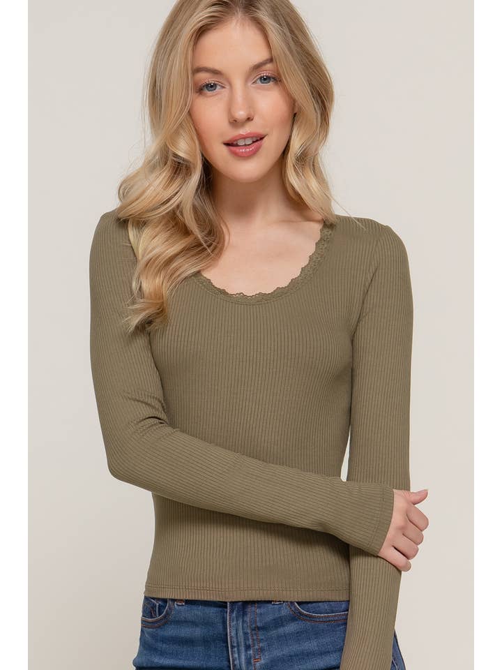Active Basic | Active USA - Wholesale Knit Top - Women's - Long Sleeve Scoop Neck with Lace Trim Rib Knit Top