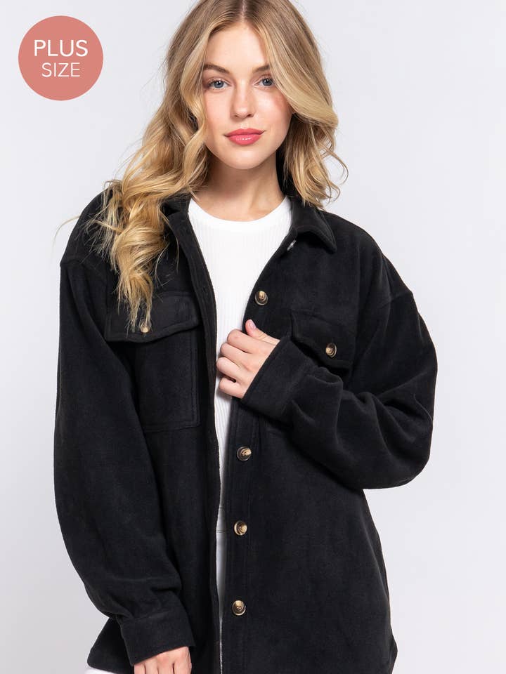 Blk Black Long Sleeve Notched Collar Front Pocket Fleece Jacket (Copy) for wholesale on Faire