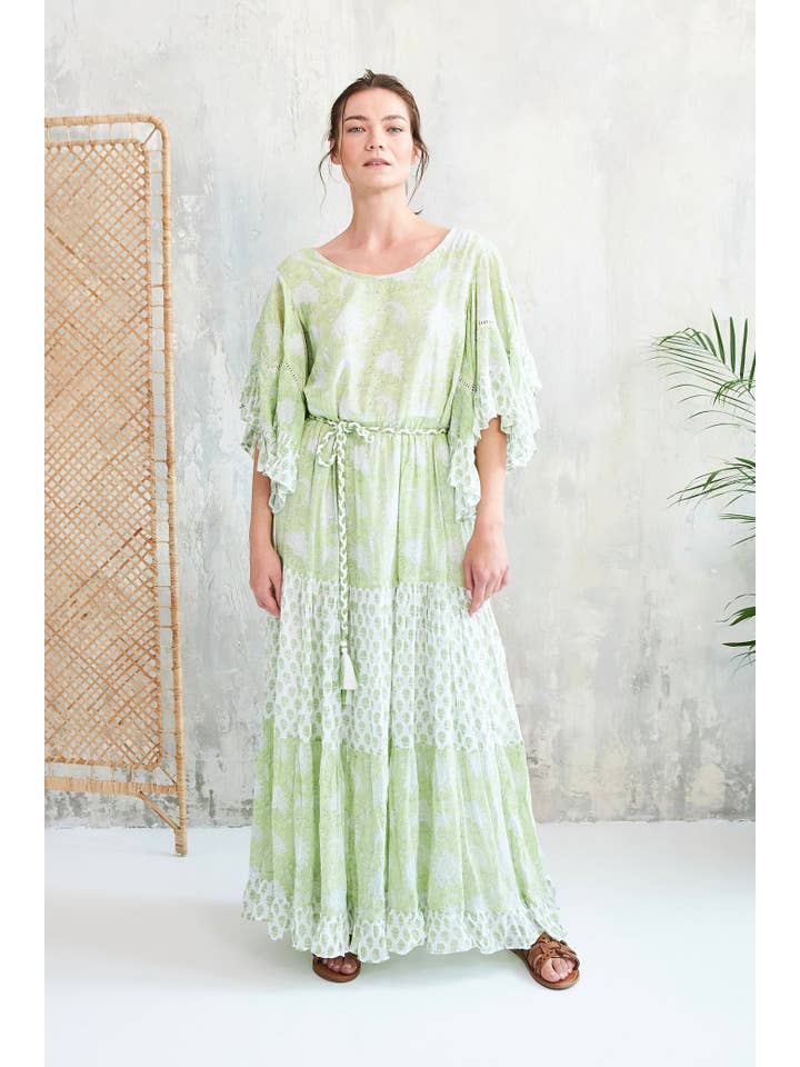 romantic floral block print green KALYANI DRESS for wholesale on Faire