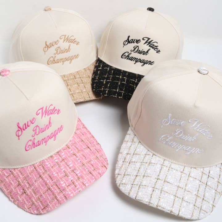 SAVE WATER DRINK CHAMPAGNE embroidered tweed brim cap and other Purchase Wholesale wine hat. Free Returns & Net 60 Terms on Faire trending on Faire.